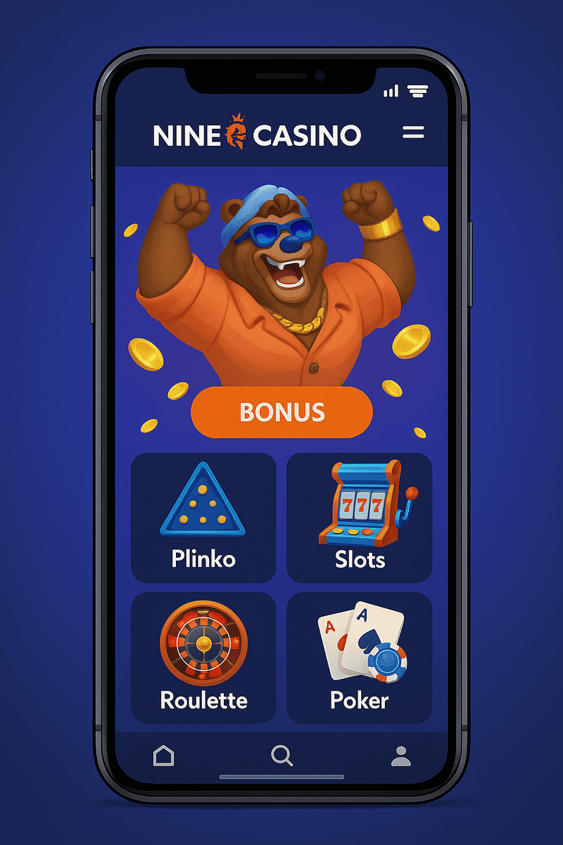 Interface de l'application mobile Nine Casino avec bonus, jeux Plinko, slots et roulette sur smartphone Android.